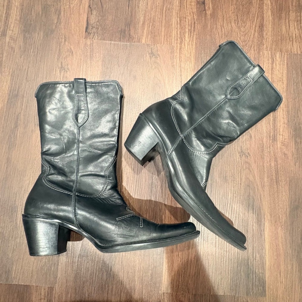 Franco Sarto Black Leather Cowboy Boots Mid Calf 6.5 Vintage Style Pointed Toe